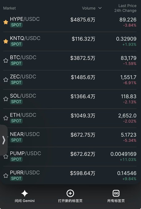 A cryptocurrency market list shows trading pairs including HYPE/USDC ($4875.6万, 89.226, -3.84%), KNTQ/USDC ($116.32万, 0.32909, +1.93%), BTC/USDC ($3872.5万, 83,179, -1.59%), ZEC/USDC ($1485.6万, 1,551.7, -6.91%), SOL/USDC ($1366.4万, 118.83, -2.13%), ETH/USDC ($1049.3万, 2,652.0, -2.02%), NEAR/USDC ($672.75万, 5.1723, -5.34%), PUMP/USDC ($672.62万, 0.0049169, +11.03%), and PURR/USDC ($598.64万, 0.14546, +9.84%). Bottom navigation shows '问向 Gemini', '打开新的标签页', and '所有标签页'.