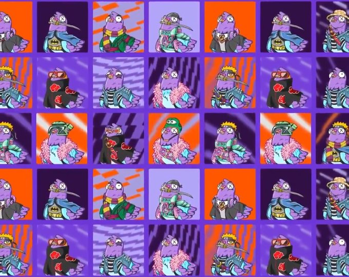 A grid of 35 cartoon-style images features a purple, blob-like character adorned in various vibrant outfits and accessories, including crowns, capes, sunglasses, and hats, set against bold orange and purple backgrounds. The image visually represents the variety and abundance of the 3,000 NFTs referenced in the caption, reinforcing the post's message that NFT scarcity is a manufactured illusion.