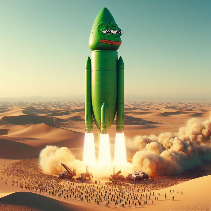 A large green rocket with a Pepe the Frog face on its nose cone launches from a desert, propelled by bright flames, while crowds of people watch from the sandy dunes below.
