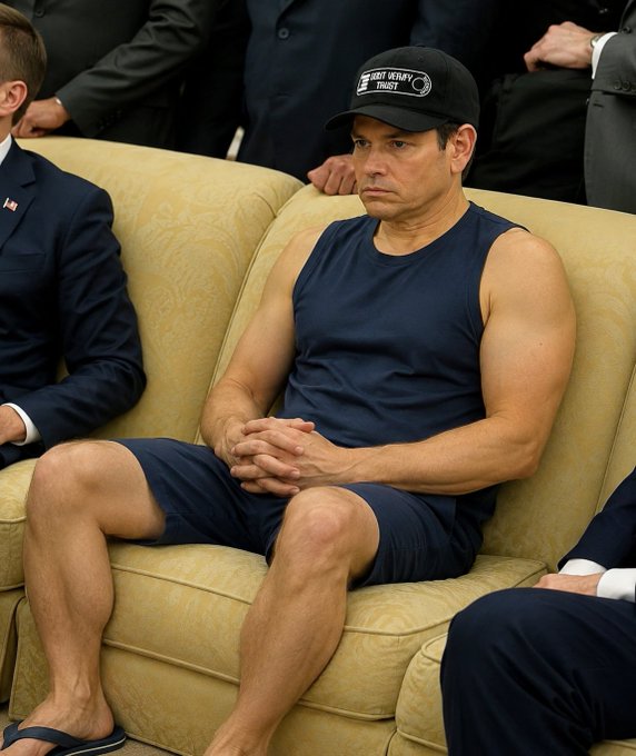A man sits on a yellow couch wearing a dark blue tank top, shorts, flip-flops, and a black cap reading "DON'T BE DENNY TRUST," with a serious expression.