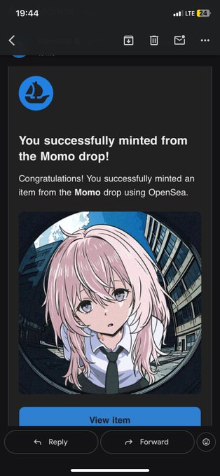 A smartphone email notification from OpenSea stating 'You successfully minted from the Momo drop!' featuring an anime-style girl with pink hair.