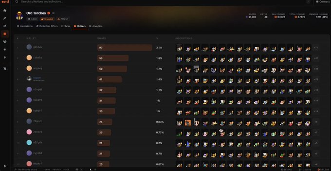 A screenshot of a NFT analytics website showing collection and holder data for the 'Grid Torches' NFT project, listing wallet addresses, ownership percentages, and avatar holders.
