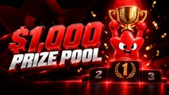 A digital banner displays '$1,000 PRIZE POOL' in bold text next to a golden trophy, a red devil mascot, and a numbered podium.