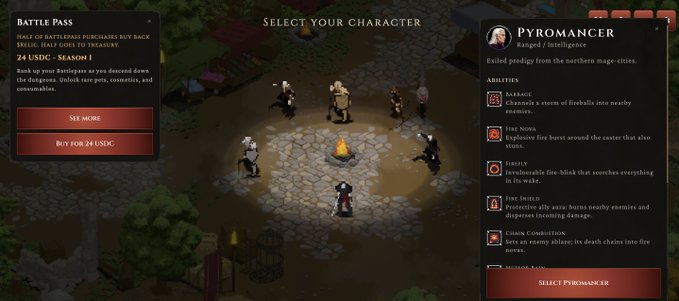 A character selection screen for a video game shows the 'PYROMANCER' class, a ranged/intelligence hero, alongside a Battle Pass purchase option for 24 USDC for Season 1.