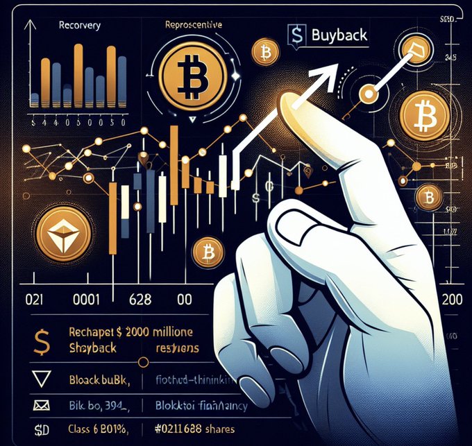 A digital illustration depicts a finger pointing toward an upward chart with Bitcoin logos, titled '$ Buyback', showing candlestick charts and various crypto trading data including '$2000 million' and '2019, #02111688 shares'.