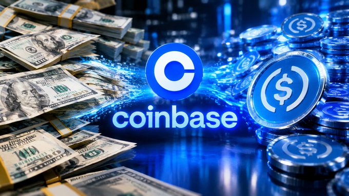 Promotional graphic for Coinbase showing stacks of US $100 bills on the left and stacks of blue dollar-coin tokens on the right, with the Coinbase logo centered.