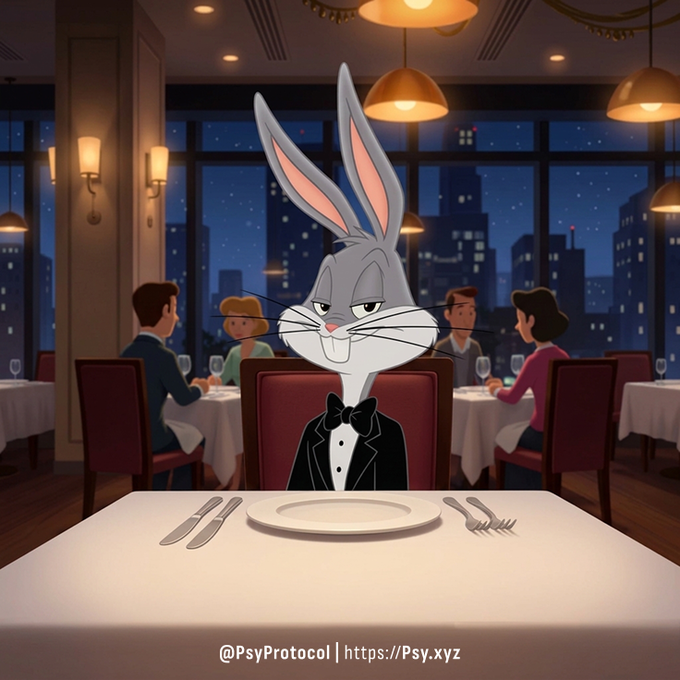 The image shows Bugs Bunny in a tuxedo sitting alone at a fancy restaurant table with an empty plate, with the watermark "@PsyProtocol | https://Psy.xyz" displayed at the bottom. The scene fits the post's theme by suggesting "something big" is about to happen—Bugs Bunny appears to be waiting expectantly, likely for his "carrot" or the promised opportunity to arrive, playing on the post's teaser about following @PsyProtocol.