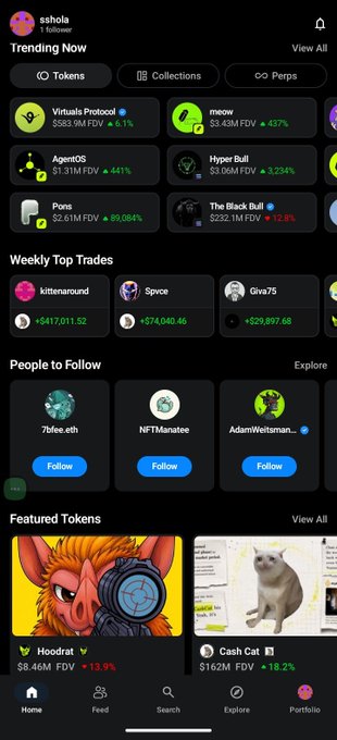 A cryptocurrency app interface showing a 'Trending Now' section with tokens like Virtuals Protocol, meow, AgentOS, Hyper Bull, and Pons, along with weekly top trades, people to follow, and featured tokens Hoodrat and Cash Cat.