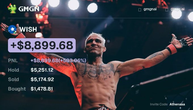 A GMGN trading dashboard showing a profit of +$8,899.68 (+583.06%) on WISH token, overlaid on an image of a tattooed fighter with arms raised in victory, with invite code 'Athenaaa'.