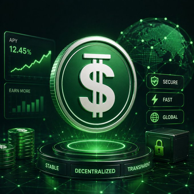 A glowing green digital display features a large USDD coin emblem at the center, surrounded by stacked coins, a secured padlock box, and a global network globe. Key text highlights include "APY 12.45%", "EARN MORE," "SECURE," "FAST," "GLOBAL," and the platform's pillars: "STABLE," "DECENTRALIZED," and "TRANSPARENT," visually reinforcing the post's message of earning stable yields on USDD through JustLendDAO and SUN.io on TRON.