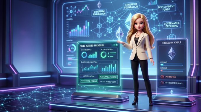 A stylized 3D illustration of a blonde woman in a suit standing between holographic panels displaying 'ETHEREUM FOUNDATION', 'WELL-FUNDED TREASURY', and 'TREASURY VAULT' with charts and Ethereum logos.
