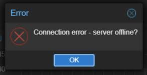 An error dialog box on a dark background displaying "Error - Connection error - server offline?" with an OK button.