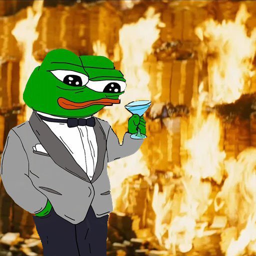 The image features Pepe the Frog dressed in a sophisticated gray tuxedo with a bow tie, holding a cocktail glass while standing against a dramatic backdrop of intense flames, perfectly capturing the "Alt Season" hype surrounding $PEPE as it burns with excitement.