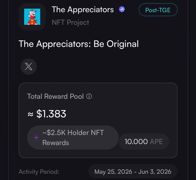 The image shows an appreciation page from The Appreciators, which features a list of rewards available for users who participate in their campaign. The rewards include a total reward pool of $1,838 and 10,000 APE (Ape) rewards. The post also mentions that the NFT project is gaining momentum with @3look_io being on fire, as well as the @Appreciators' hashtag (#appreciators).