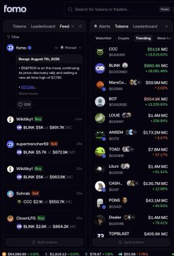 The screenshot shows the Fomo app's meme coin leaderboard displaying trending tokens like $COO (+15.69%), $BLNK (+16.64%), $MemCo ($59.8M market cap), $LOVE, $ANSEM, $TOAD ($57.8M), and $TOTRAFAST, supporting the post's claim about insider group chats by highlighting $BLINK (BLNK) at $990.7K and $TOAD as recent trending plays.