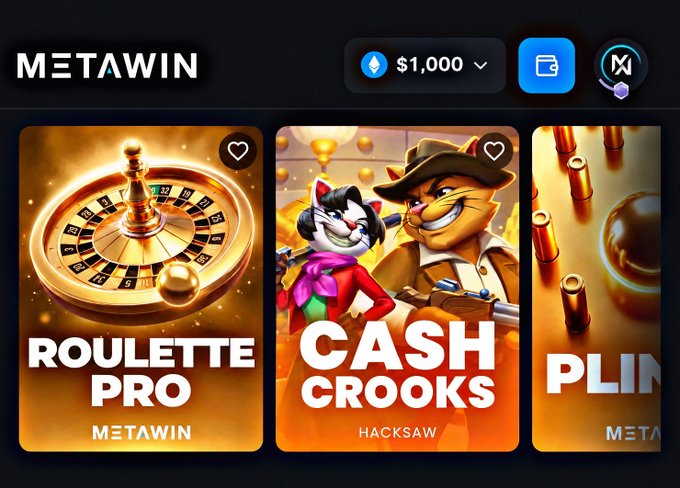 A MetaWin casino game lobby displays Roulette Pro, Cash Crooks by Hacksaw, and Plinko, with a $1,000 balance shown at the top. It supports the post’s invitation to share a MetaWin username and retweet.