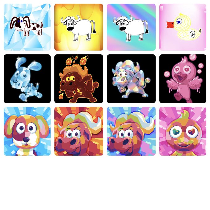 A 3x4 grid displays various cartoon animal icons, including dogs, a cow, a bird, a lion, a horse, a donkey, a pig, and three distinct dog faces in colorful, stylized designs.