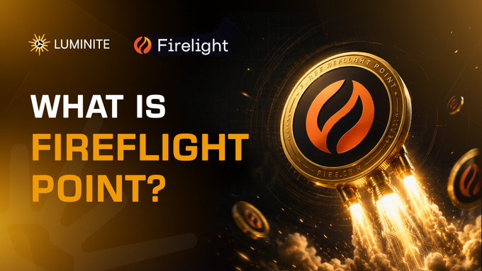 A promotional graphic with text asking 'WHAT IS FIREFLIGHT POINT?' featuring logos for 'LUMINITE' and 'Firelight' alongside a 3D gold coin emblazoned with the Firelight symbol.