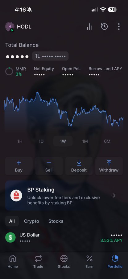 A mobile screenshot of a crypto trading app called HODL, displaying a portfolio view with a selected 'BP Staking' feature to unlock lower fee tiers, along with options to Buy, Sell, Deposit, and Withdraw.
