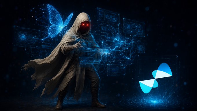 A digital artwork depicting a hooded figure with glowing red eyes manipulating holographic tech interfaces alongside a blue butterfly graphic.