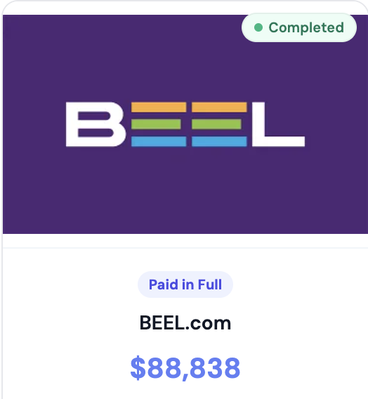 A completed sale notification for BEEL.com, displayed with a "Paid in Full" status and a price of $88,838, confirming the domain's successful transaction via Atom.
