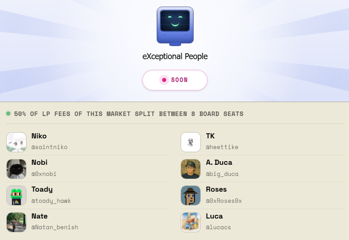 The image displays the "eXceptional People" board for the $DEVS market, featuring 8 board seat holders—Niko, Nobi, Toady, Nate, TK, A. Duca, Roses, and Luca—who each receive a share of the 50% LP fees split from the market paired with a tokenized stock like $MSFT.