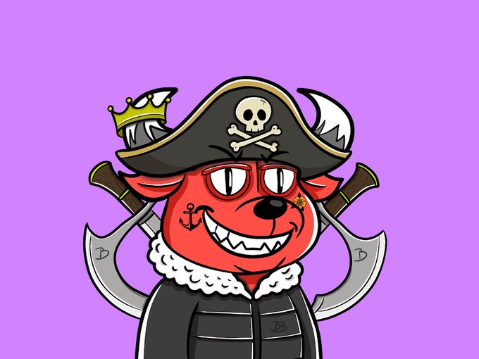 A cartoon red devil-cat pirate character with a skull and crossbones hat, an anchor tattoo, sharp teeth, and crossed cutlasses on a purple background.