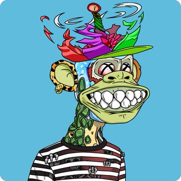 A colorful cartoon illustration of a green monkey/ape character with a wide toothy grin, wearing a striped shirt and a chaotic hat made of swirling red, pink, and green shapes, on a light blue background.