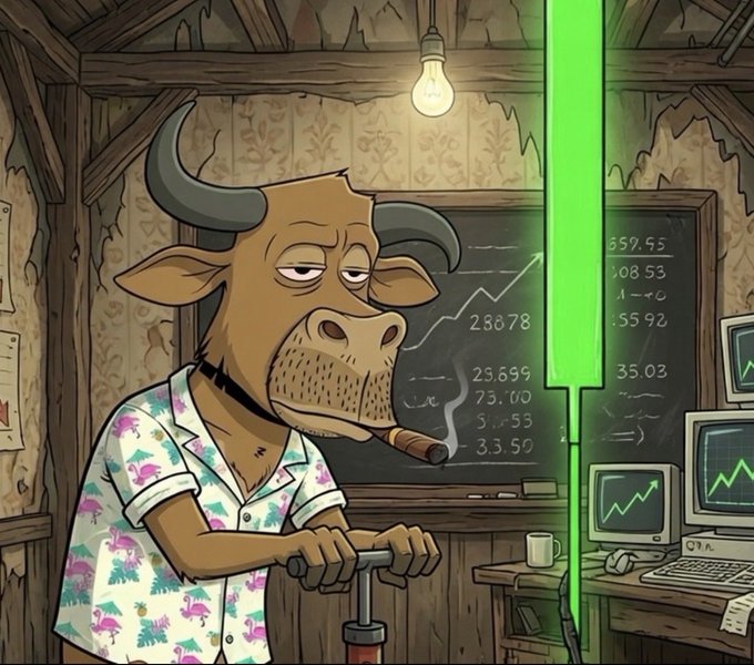 A cartoon bull wearing a pink flamingo-patterned shirt and smoking a cigar sits in a rustic shed, looking unimpressed while gripping a pump handle next to a glowing green vertical price bar rising on a chalkboard showing numbers like 23.69, 73.00, and 33.50. The image humorously illustrates the post's "lazy way" of pumping up a club's price 70% on OpenSea, with the bull lazily operating a pump while financial tickers and charts fill the background.