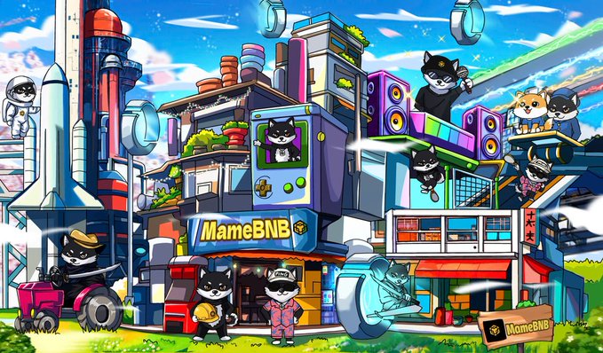 A vibrant digital illustration of a futuristic building labeled 'MameBNB' featuring various cartoon black and white cats, an astronaut, a cat driving a tractor, and large speakers under a bright blue sky.