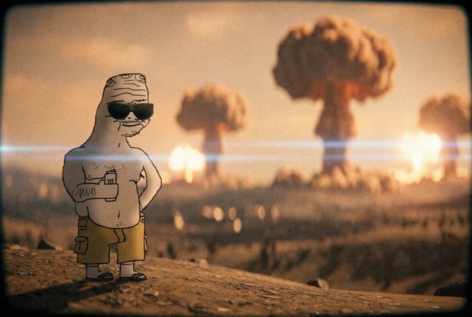 An animated cartoon character with sunglasses and a tank top stands confidently with hand on hip against a backdrop of nuclear mushroom cloud explosions in a desert landscape.