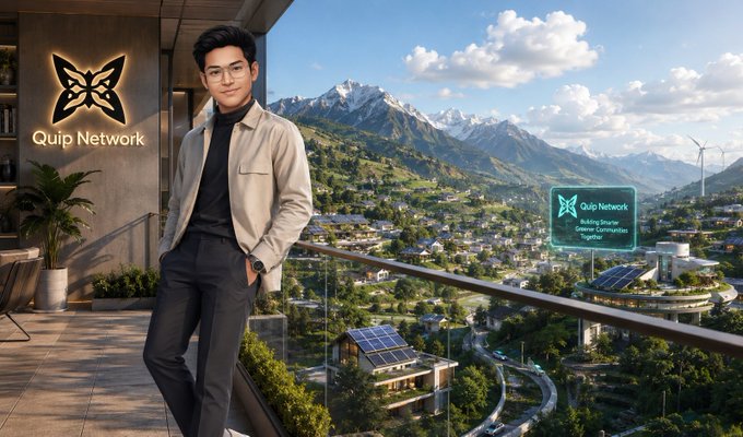 A man stands on a balcony overlooking a futuristic city, with the 'Quip Network' logo visible on the wall and as a holographic sign in the background.