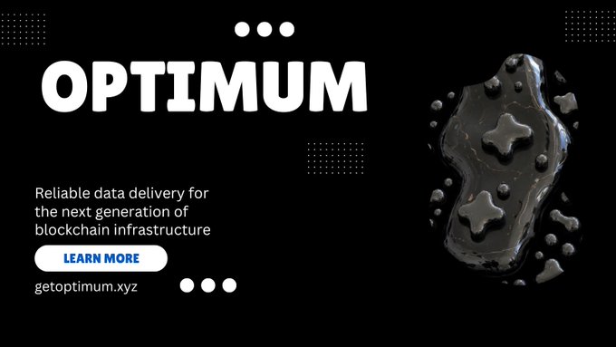 The image features an advertisement for Optium, which is a company focused on improving data delivery reliability and reducing latency variation. The text "Optium" is displayed at the top of the image, indicating that this is the main focus of the advertisement. The background of the image is black with white dots, creating a striking contrast to draw attention to the text. The text "Reliable data delivery for the next generation of blockchain infrastructure" emphasizes the importance of Optium's technology in the context of blockchain and cryptocurrency.