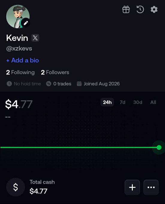 A trading app profile for @xzkevs with $4.77 total cash, 0 trades, joined Aug 2026, and a flat portfolio chart.