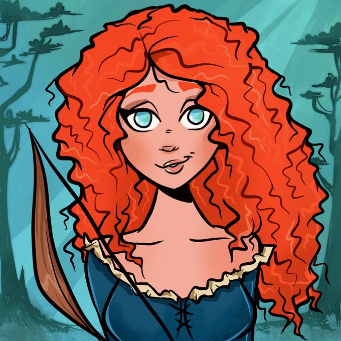 A digital illustration of a young woman with voluminous curly red hair, bright blue eyes, and freckles, wearing a teal blue dress with a cream-colored ruffled neckline; she appears to be holding a bow, set against a stylized blue background with silhouetted trees.