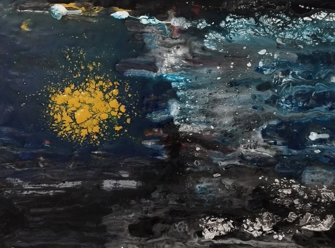 An abstract or textured image resembling dark, turbulent water or oil with a splash of golden yellow on the left side.