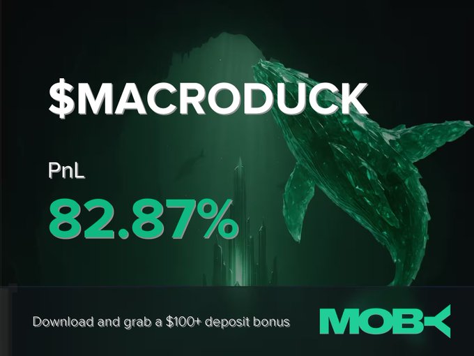 A green-tinted promotional graphic for Moby Mobile featuring a whale silhouette and underwater imagery, highlighting the ticker $MACRODUCK with a striking PnL of 82.87%, alongside a call-to-action offering a $100+ deposit bonus upon download.