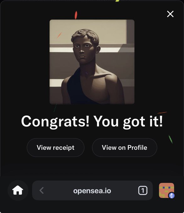 A screenshot from opensea.io displays a successful purchase confirmation with the text 'Congrats! You got it!' above a 3D avatar of a young man with dark skin and short hair.
