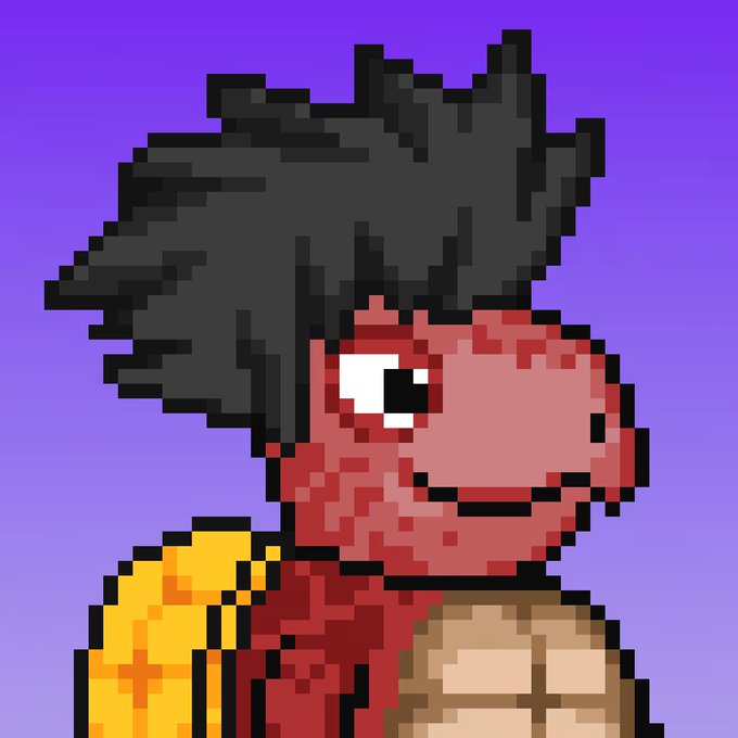 A pixel-art portrait of a red dinosaur-like character with a large black pompadour hairstyle, wearing a yellow outfit, set against a purple background. The image appears to be a custom profile picture (likely a PFP NFT) associated with the Twitter user @Turtlefees, celebrating 45 days of daily ETH claims with 3 NFTs already maxed out.