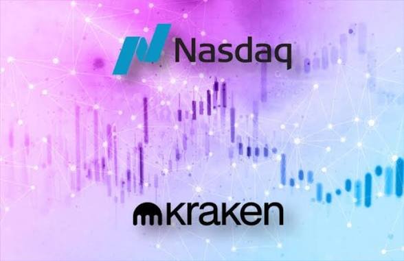A graphic featuring the Nasdaq logo and Kraken logo displayed over a stylized purple and blue background with candlestick chart patterns.