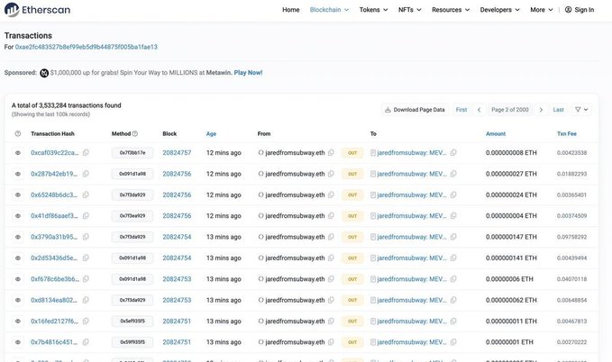 An Etherscan transaction history page showing 3,531,284 transactions found, with recent ETH transfers from and to "jaredfromsubway: MEV" wallet addresses.