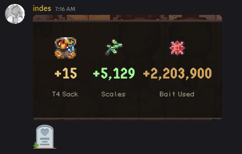 A Discord message from user 'indes' at 7:16 AM shows in-game item drops: +15 T4 Sack, +5,129 Scales, and +2,203,900 Bait Used with pixel art icons.