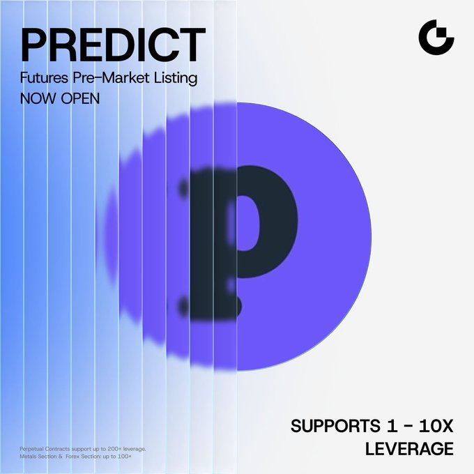 Promotional graphic for Gate’s Futures Pre-Market Listing of the $PREDICT perpetual contract, inviting users to trade long or short with 1–10x leverage. It notes that perpetual contracts support up to 200x leverage and metals/forex sectors up to 100x, and links to trade at gate.com/futures/USDT/P.
