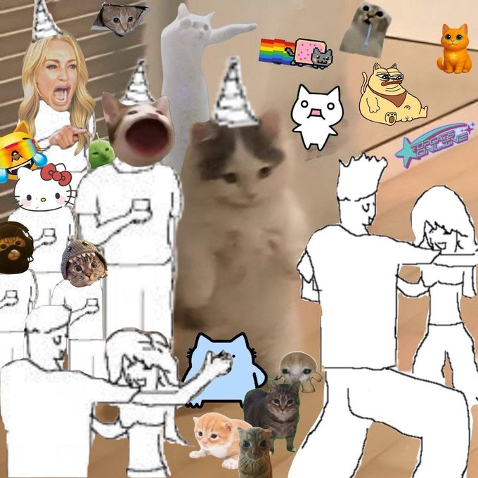 The image is a chaotic "cat coin" meme collage featuring various cat photos, cartoon cats, and doodles of figures wearing tin foil hats, alongside a stylized "MOON" text. It ties to the "they don't know I'm a cat coin millionaire" caption by humorously depicting the conspiratorial, secretive mindset of a cat meme token holder expecting their cat-themed crypto to skyrocket, with the tin foil hats reinforcing the paranoid "moon soon" vibe of crypto culture.