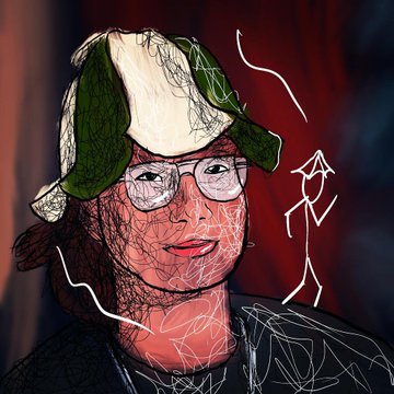 A stylized digital illustration shows a person with glasses and a green and white cap, with a small sketched figure floating to their right against a dark background.