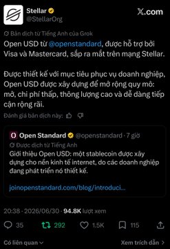 A screenshot of a tweet from Stellar (@StellarOrg) highlighting Open USD (@openstandard) as a Stellar-based stablecoin built for enterprise use, showcasing over 94.8K views, 292 reposts, and a quoted reply linking to "joinopenstandard.com/blog/introduci..." — directly tying into the "Liquidity Pipeline #stellar" theme by promoting a new on-chain financial infrastructure addition.