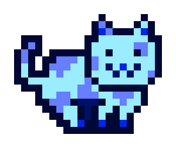 The image features a cartoon cat with blue fur, sitting upright on its hind legs against a white background. The cat has two ears, one large and one small, as well as a pink nose and mouth. The cat appears to be smiling at the camera.