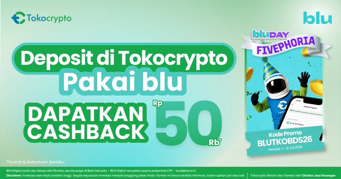 Deposit on Tokocrypto using blu and get Rp50 cashback with promo code BLUTKOBDS26. The image visually promotes this offer with large text and details about the cashback.
