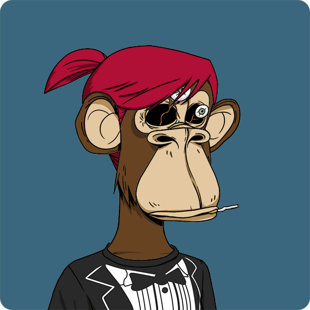 A cartoon illustration of a monkey with red hair tied in a ponytail, wearing sunglasses, smoking a cigarette, and dressed in a black tuxedo with a bow tie.