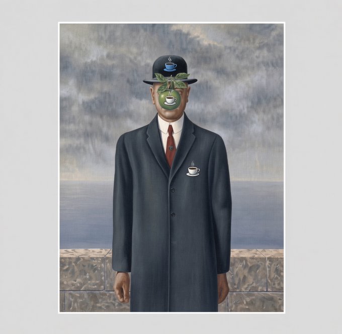 A surrealist painting in the style of René Magritte depicts a man in a suit and bowler hat whose face is obscured by a floating apple with leaves, set against a cloudy sky.